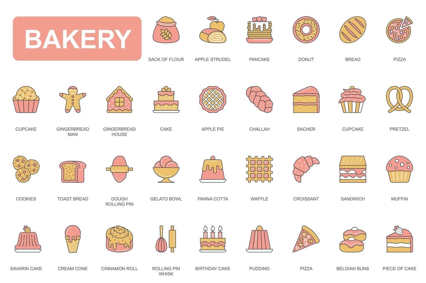 bageri koncept enkel linje ikoner set. packa konturpiktogram av strudel, munk, pannkaka, pizza, cupcake, tårta, kakor, rostat bröd, våfflor och annat. vektorelement för mobilapp och webbdesign vektor