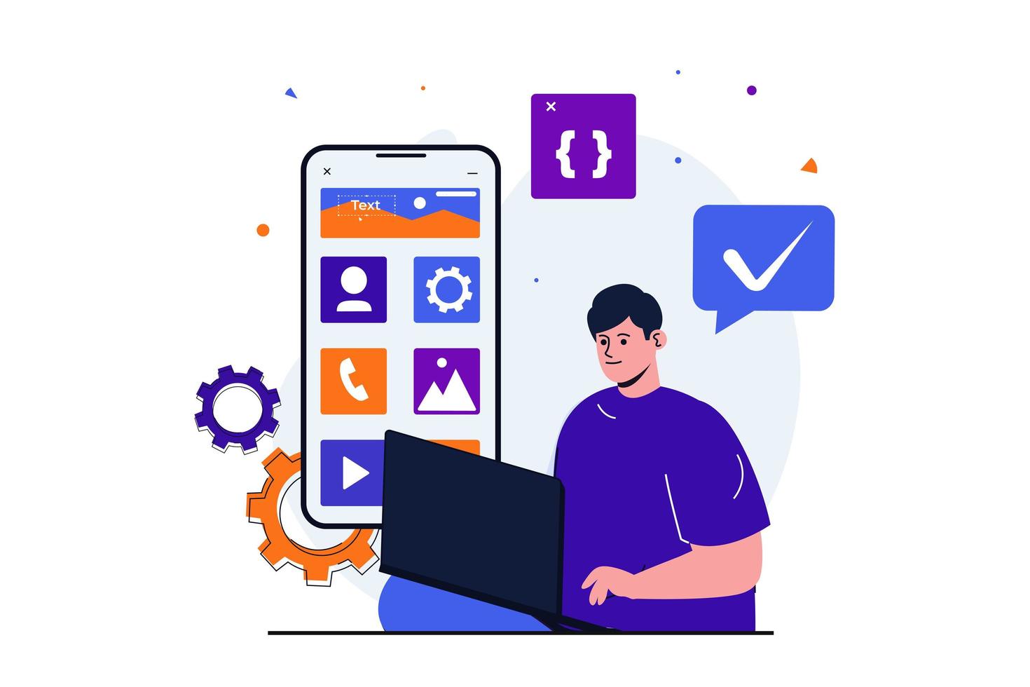 app-entwicklung modernes flaches konzept für web-banner-design. männlicher designer arbeitet am laptop, entwickelt benutzerfreundliche programmschnittstelle und platziert menüschaltflächen. vektorillustration mit lokalisierter personenszene vektor