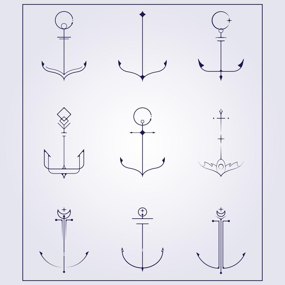 Bündel und Satz von nautischem Ankersymbol Symbol für Tattoo-Stil Logo einfache Linie Kunstvektor-Illustrationsdesign, Variation des kreativen Ankers vektor