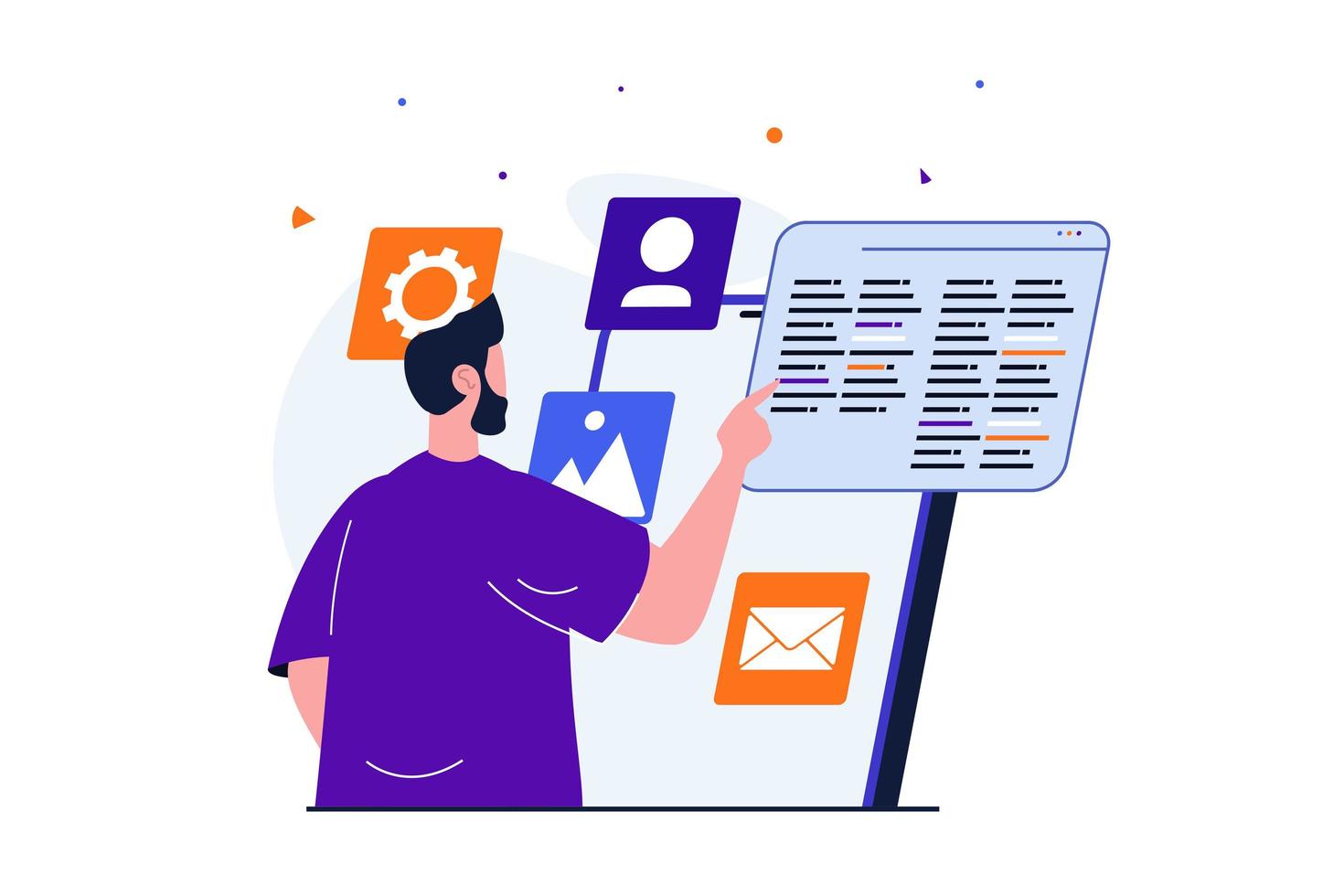 app-entwicklung modernes flaches konzept für web-banner-design. männlicher entwickler kodiert, testet und optimiert code, platziert grafische elemente der schnittstelle. vektorillustration mit lokalisierter personenszene vektor