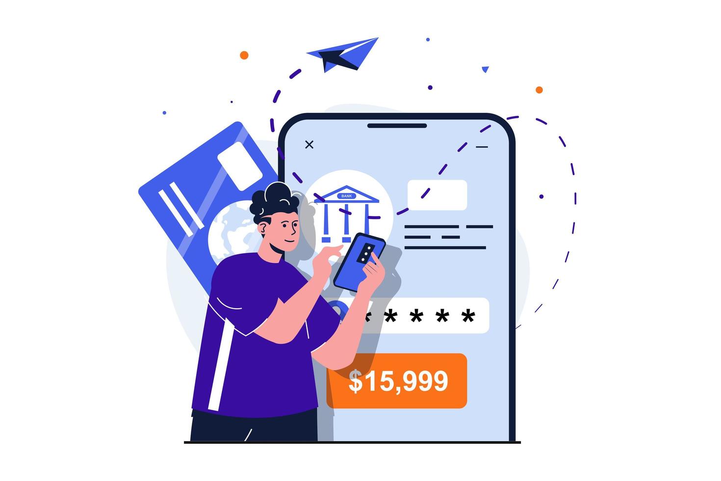 Mobiles Banking modernes flaches Konzept für Web-Banner-Design. man client sendet geld und bestätigt sichere transaktion mit geheimem passwort per smartphone. vektorillustration mit lokalisierter personenszene vektor