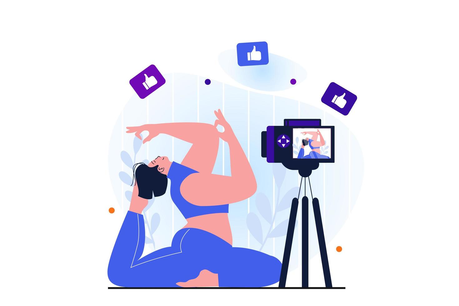 frauen, die modernes flaches konzept für web-banner-design arbeiten. Frau, die als Fitness-Bloggerin arbeitet und Yoga-Workout-Videos vor der Kamera für Online-Blogs aufzeichnet. vektorillustration mit lokalisierter personenszene vektor