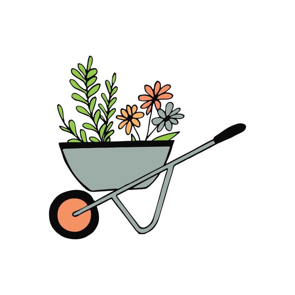 Gartenschubkarre mit Blumen. handgezeichnet im Doodle-Stil. cartoon, vektor, minimalismus, skandinavisch. Werkzeuge, Pflanzen, Inventar. Aufkleber, Symbol. vektor
