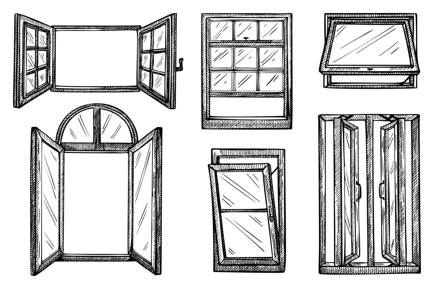 Stellen Sie die Rechteckskizze des geöffneten Fensters isoliert ein. Retro mehrere Fenster in der Wand im handgezeichneten Stil. vektor
