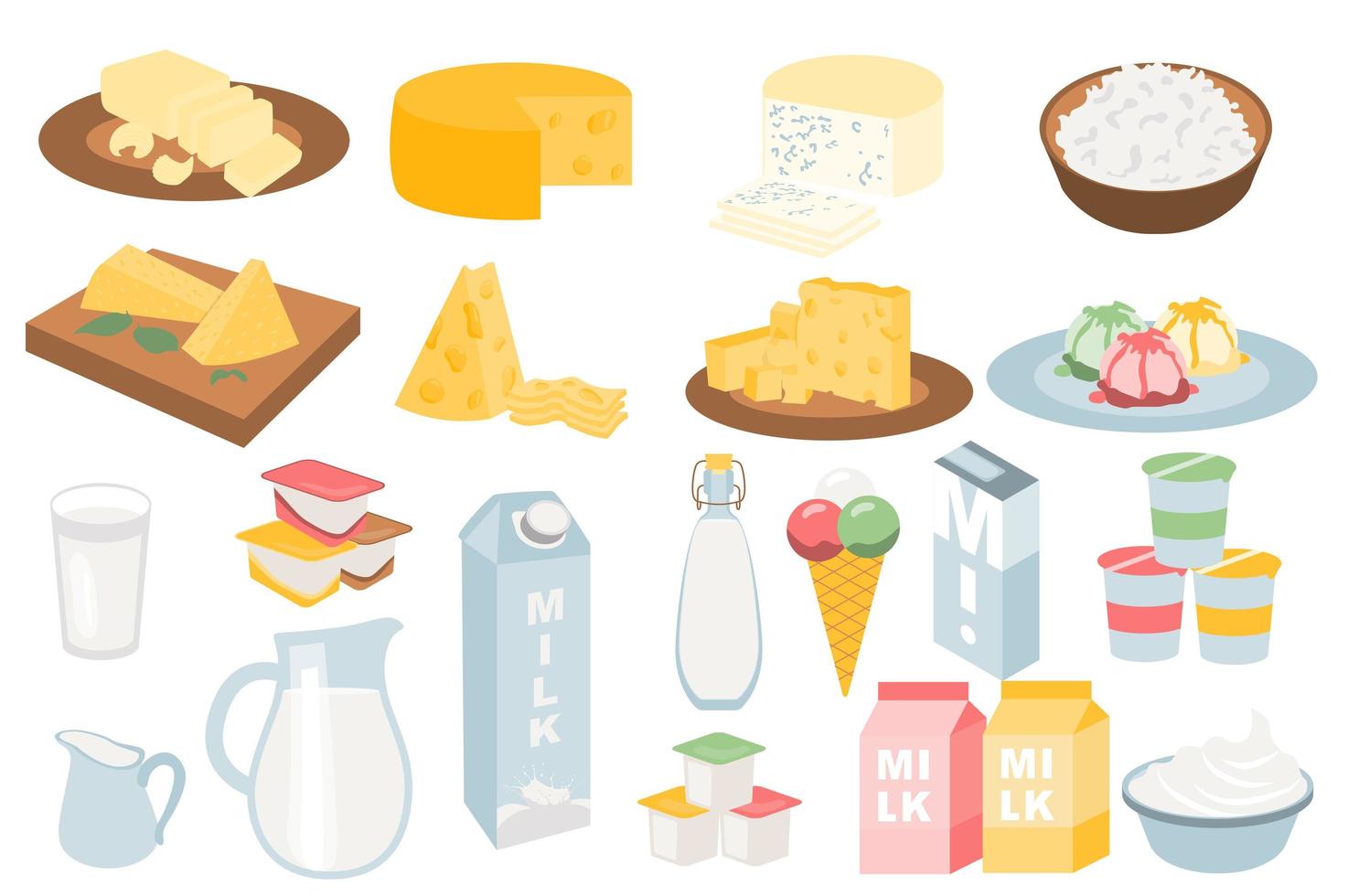 mjölkprodukter i platt tecknad design. olika sorters ostar, keso i skål, mjölk i kanna eller glas, yoghurt i burk, glass, desserter, olika förpackningar. vektor illustration