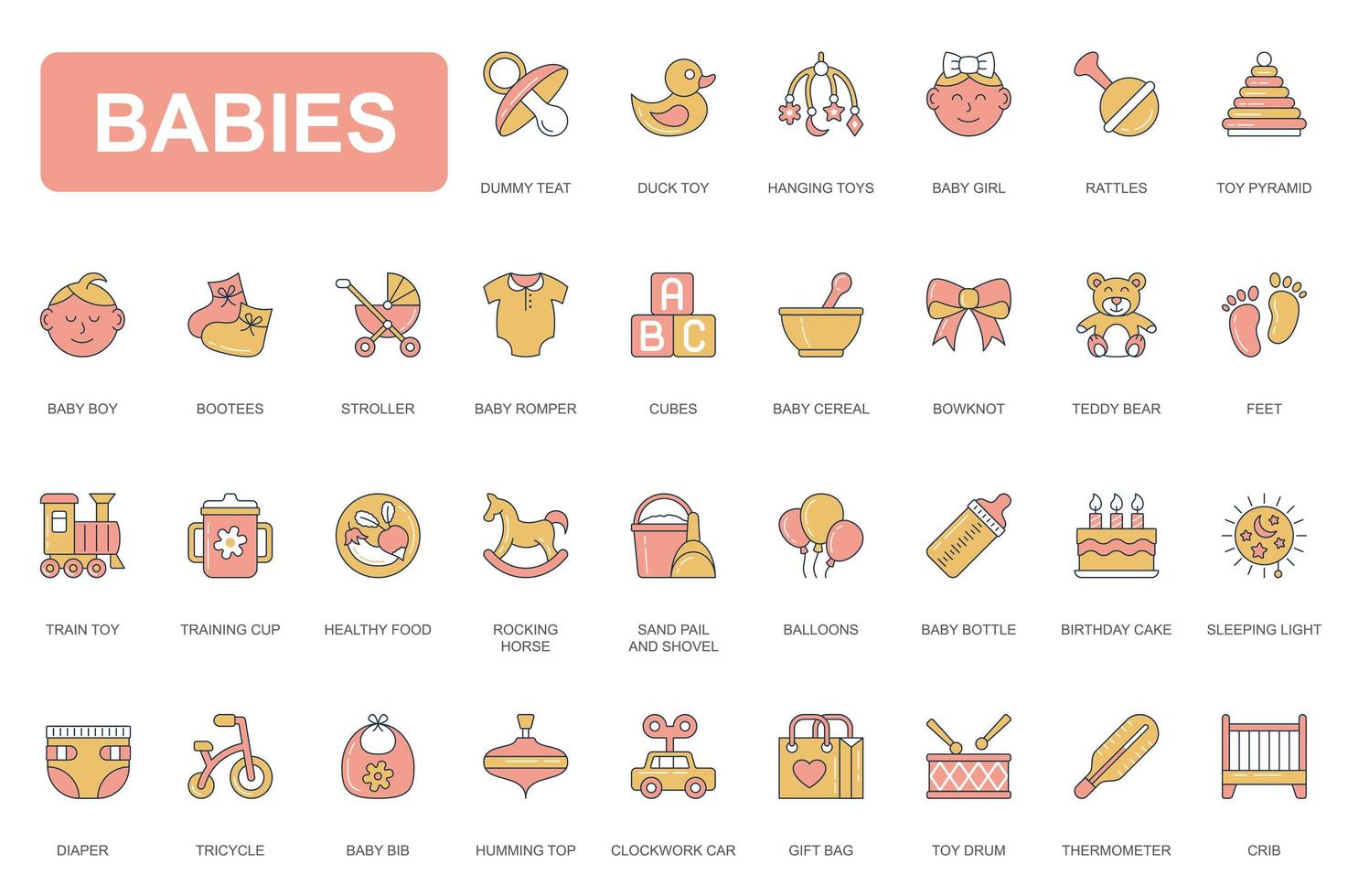 spädbarn koncept enkel linje ikoner set. packa konturpiktogram av dummy nappar, leksaker, stövlar, barnvagn, nallebjörn, spjälsäng, flaska, hälsosam mat och annat. vektorelement för mobilapp och webbdesign vektor