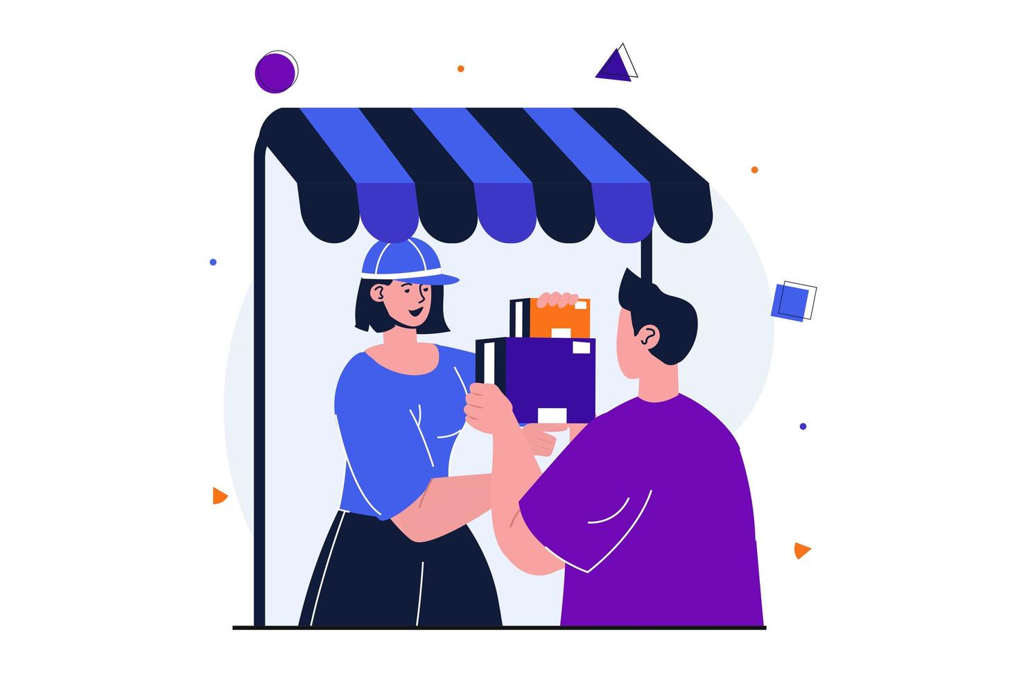 online shopping modern platt koncept för webb banner design. manlig kund gör inköp på internet och tar emot beställningar vid leveransställen i butik. vektor illustration med isolerade människor scen