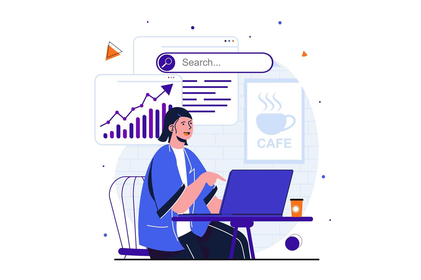 freiberuflich arbeitendes modernes flaches Konzept für Web-Banner-Design. Managerin analysiert Daten vom Laptop und arbeitet online, während sie im Café am Tisch sitzt. vektorillustration mit lokalisierter personenszene vektor