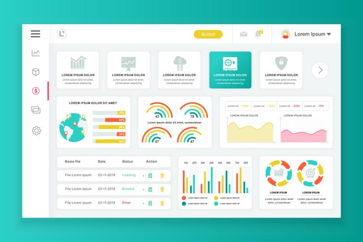 Dashboard admin panel vektor design mall med infographic element, diagram, diagram, info grafik. Webbsida dashboard för ui och ux design webbsida. Vektor illustration.