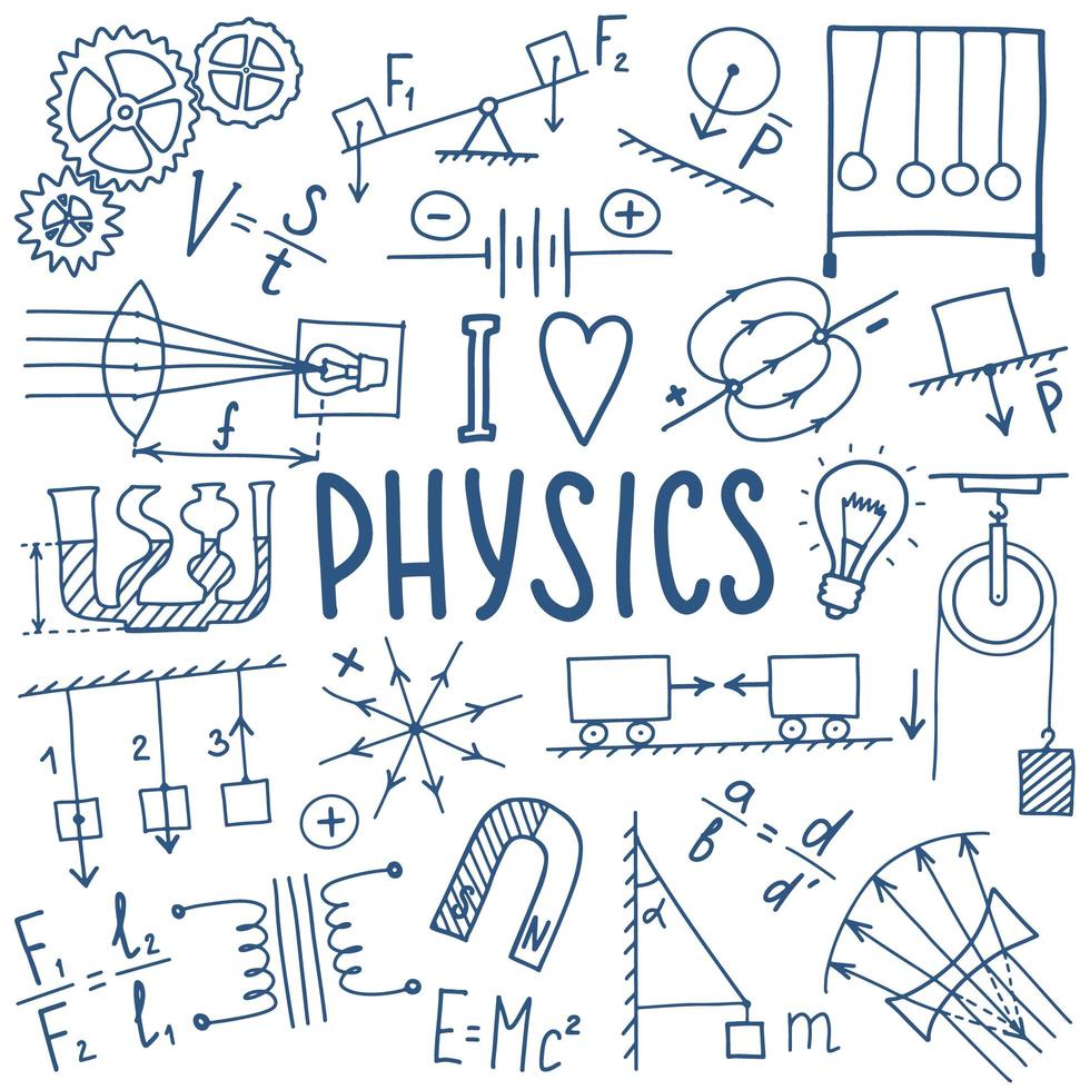 Symbolsatz für Physiksymbole. Wissenschaftsthema Doodle-Design. Bildungs- und Studienkonzept. Zurück zur Schule skizzenhafter Hintergrund für Notizbuch, nicht Block, Skizzenbuch. vektor