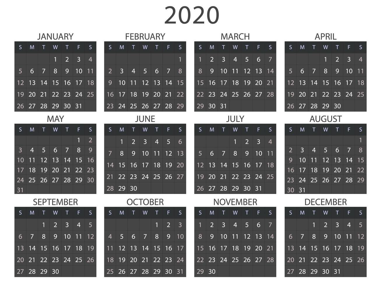 einfaches kalenderlayout für 2020. vektor