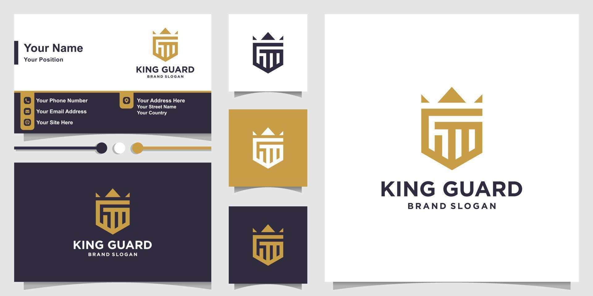 sköldlogotyp med modern king crown-koncept och busniess card design premium vektor