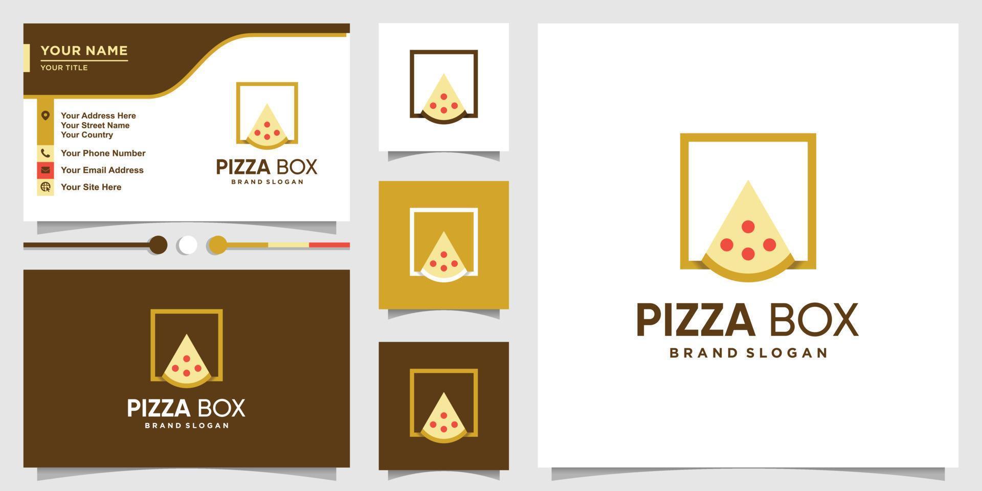 pizza box logotyp med coolt modernt koncept och visitkort design premium vektor