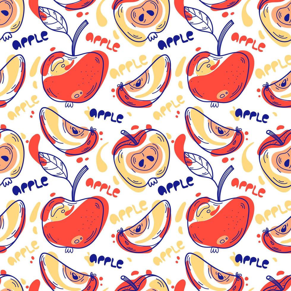 seamless mönster med äpplen och handskrivna bokstäver. ljus frukt bakgrund. linje doodle stil. vektortryck för tyg, textil, omslag och tapeter. vektor