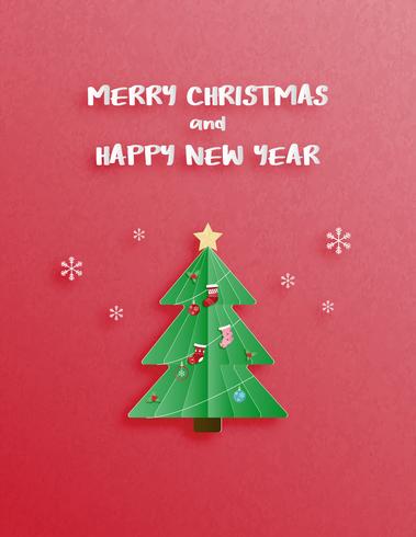 Julfirande och gott nytt år hälsning eller inbjudningskort i pappersskuren stil. vektor