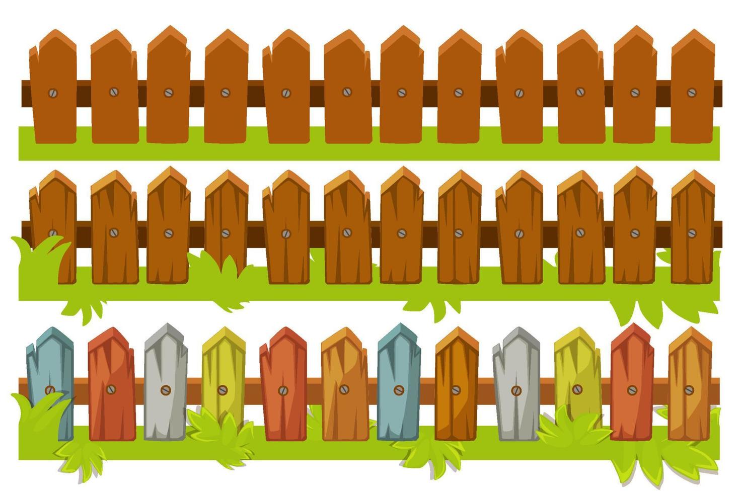 vektor illustration av en uppsättning av trä staket. brunt och färgat staket med gräs.