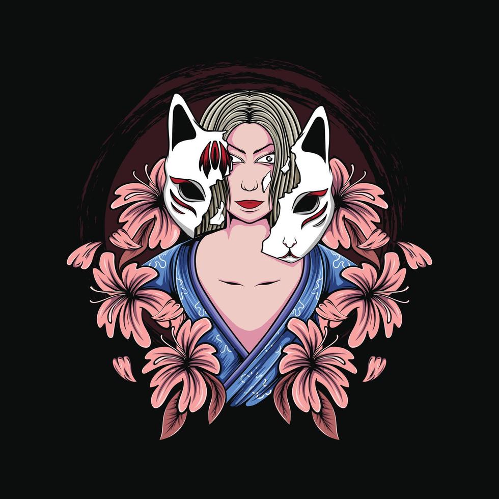 japanische geisha-frauenillustration mit kitsune-maske und blumen für t-shirt design und druck vektor