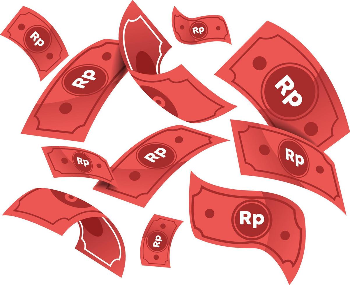finanzieller Vektorhintergrund. Geld regnet, fliegende rote Banknoten auf weißem Hintergrund. Casino-Jackpot-Konzept. Die indonesische Bankwährung ist Ruliah. Illustration des fallenden Preisgeldes. vektor