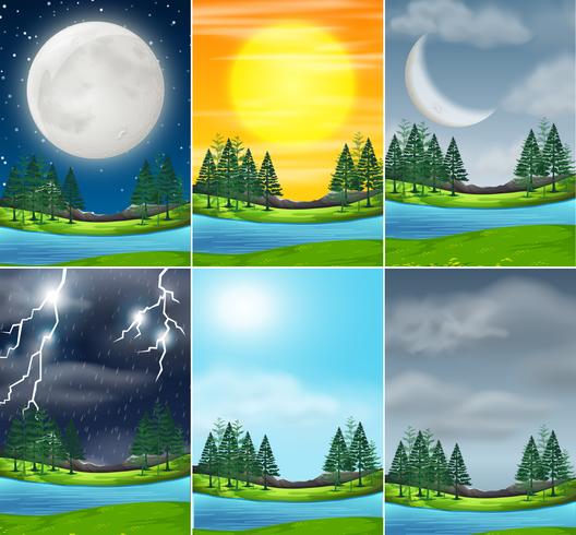 Ställ av natur landskap olika väder vektor