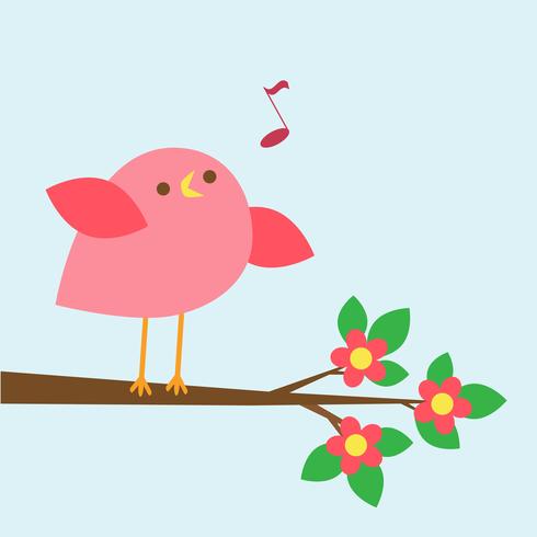 Söt rosa fågel sjunger på blommande gren vektor