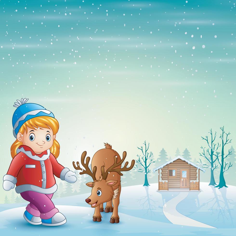 liten flicka med rådjur på den snöiga byn vektor