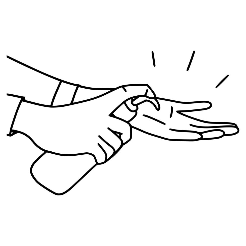händer som använder handsprit för att skydda covid-19-viruset eller coronaviruset. vektor illustration skiss doodle handritad isolerad på vit bakgrund
