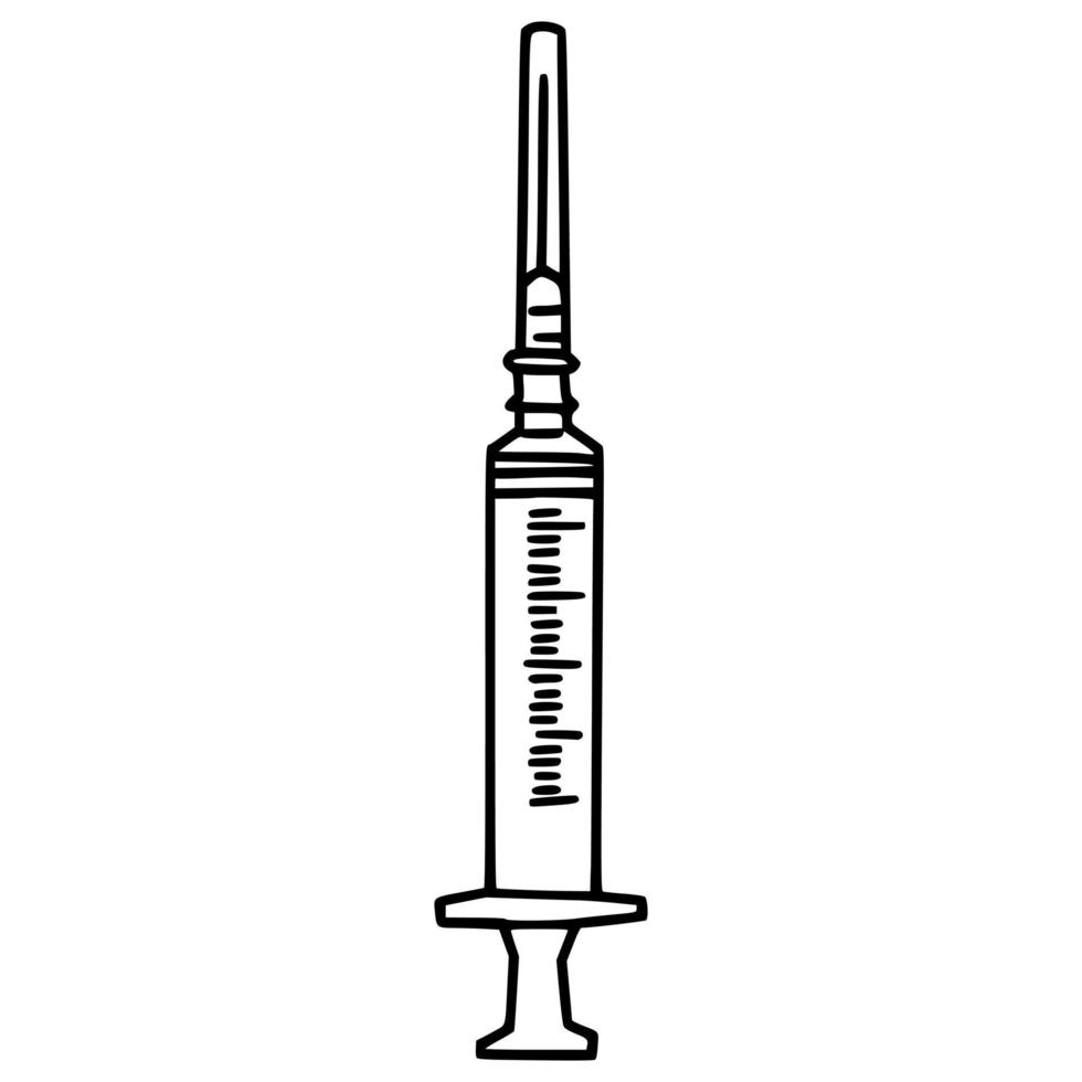 handritad av medicinsk spruta på vit svart bakgrund. vektor illustration