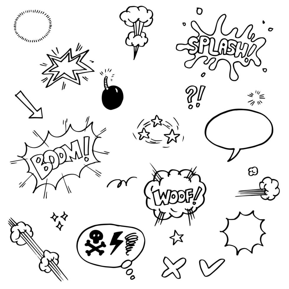 Reihe von handgezeichneten Comic-Elementen. Vektor doodle Comic-Elemente Cartoon isoliert auf weißem Hintergrund