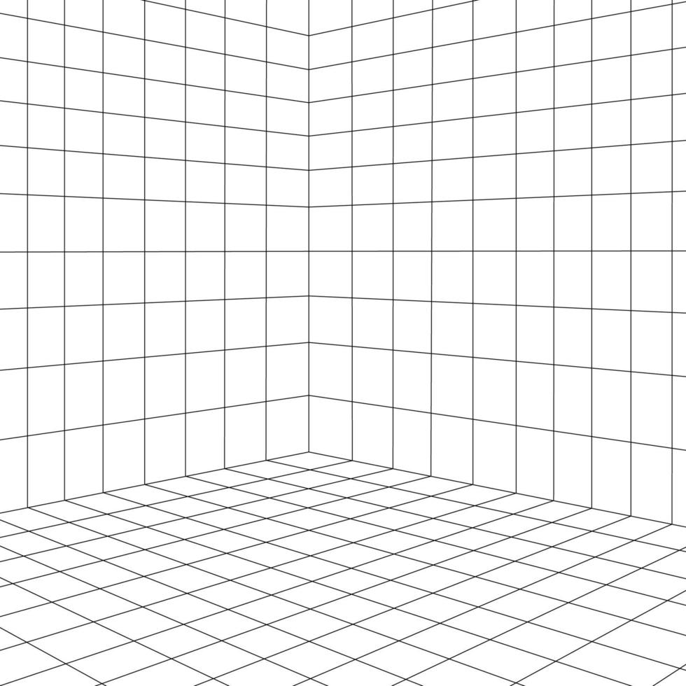 Rasterraum in Perspektive, Vektordarstellung im 3D-Stil. Innendrahtgitter aus Linien, Vorlageninnenquadrat, digitale leere Box. abstrakter geometrischer Designhintergrund vektor