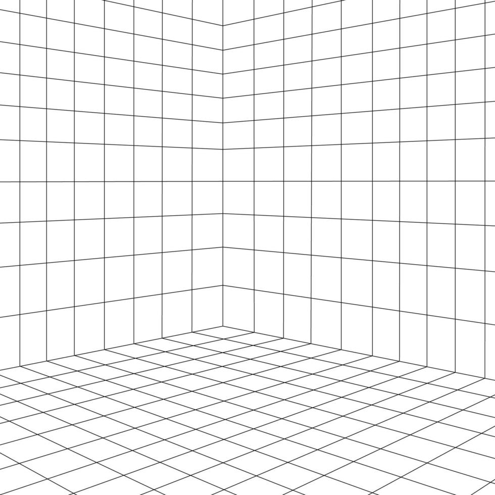rutnätsrum i perspektiv, vektorillustration i 3d-stil. inomhus wireframe från linjer, mall interiör kvadrat, digital tom box. abstrakt geometrisk design bakgrund vektor