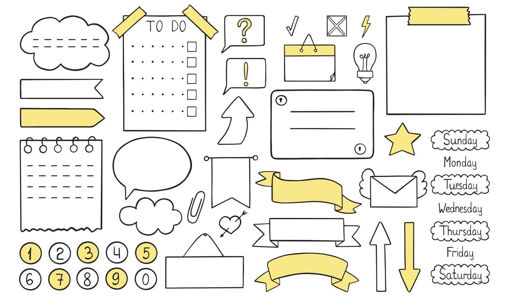 handritad bullet journal doodle. uppsättning anteckningar, band, ramar, klistermärken för bullet journal, anteckningsbok, dagbok och planerare. vektor illustration isolerad på vit bakgrund.