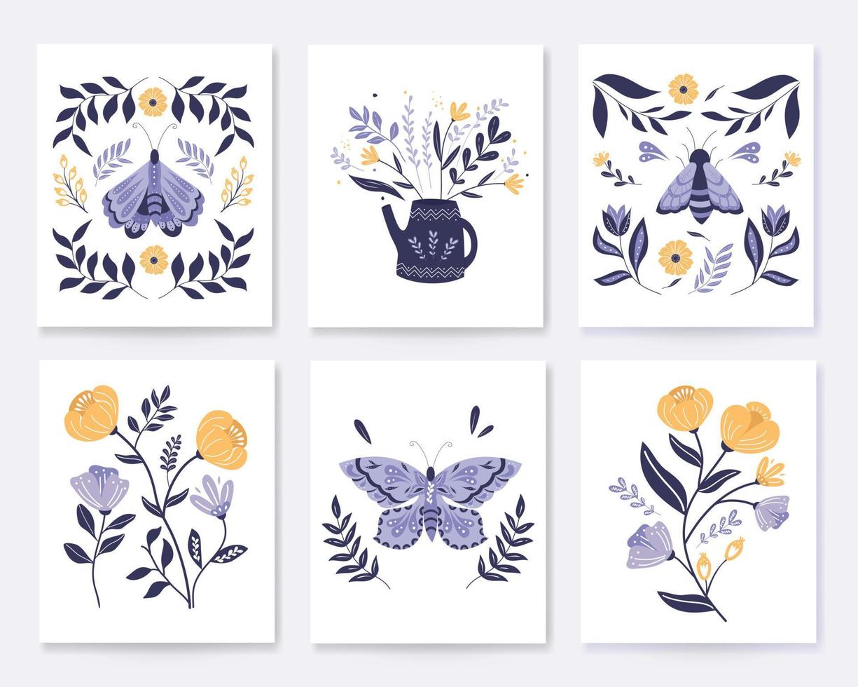 blommor, blad och dekorelement i blå och gula färger. set folkstil skandinavisk modern design. vektor