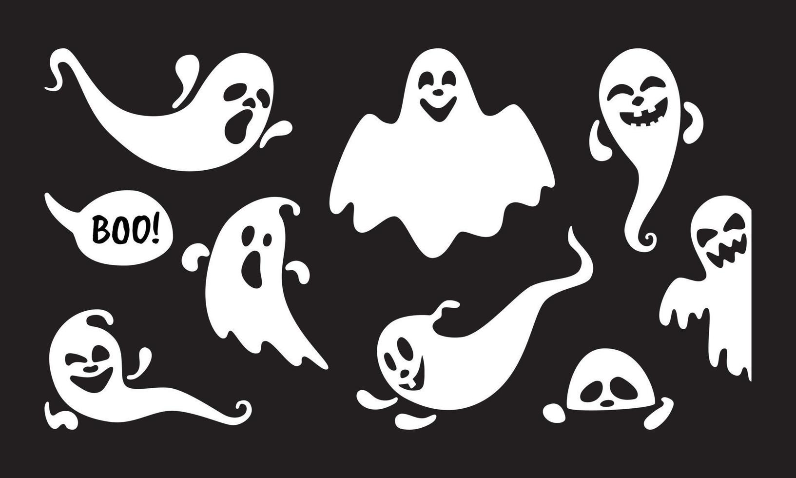 söta spöke tecken platt stil design vektor illustration set isolerad på svart bakgrund.