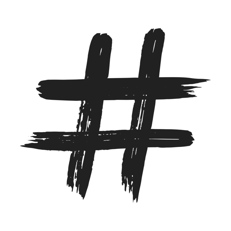 handritad penseldrag smutsig konst hashtag symbol ikon tecken isolerad på vit bakgrund. svartvit sammansättning av symbolens hashtag vektor