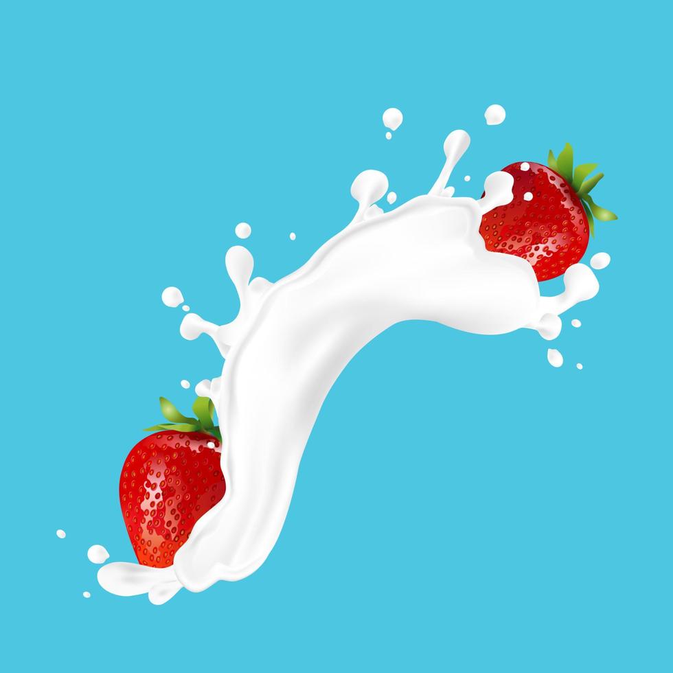 realistisk jordgubbe med mjölkstänk på blå bakgrund vektor