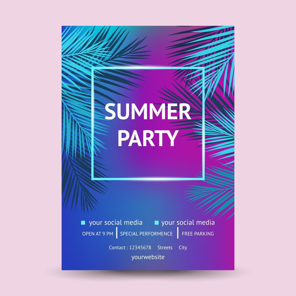 Sommerfest-Flyer mit Kokosnussbaum-Silhouette-Hintergrund vektor