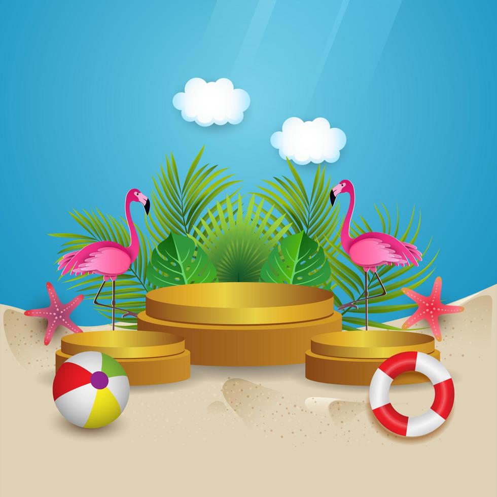 schöner sommer am tropischen strand mit podium, flamingo, palmblättern und wolken. Hintergrund Sommerdesign. vektor