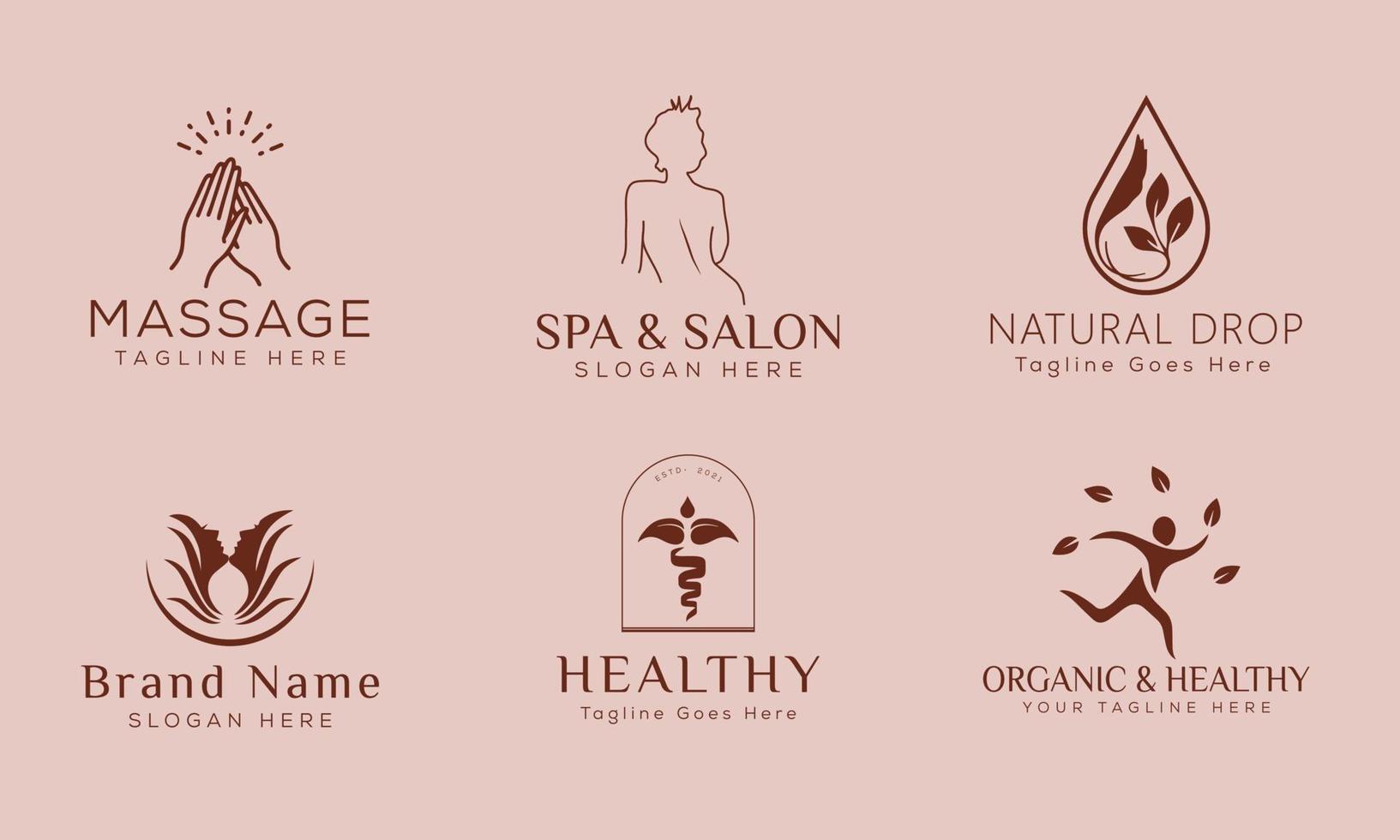 satz von handgezeichnetem logo des spa-elements mit körper und blättern. logo für spa- und schönheitssalon, boutique, massagetherapie, bioladen, entspannung, frauenkörper, yoga, kosmetikgeschäft. kostenloser Vektor