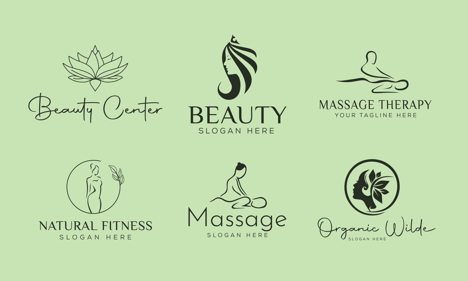 satz von handgezeichnetem logo des spa-elements mit körper und blättern. logo für spa- und schönheitssalon, boutique, massagetherapie, bioladen, entspannung, frauenkörper, yoga, kosmetikgeschäft. kostenloser Vektor