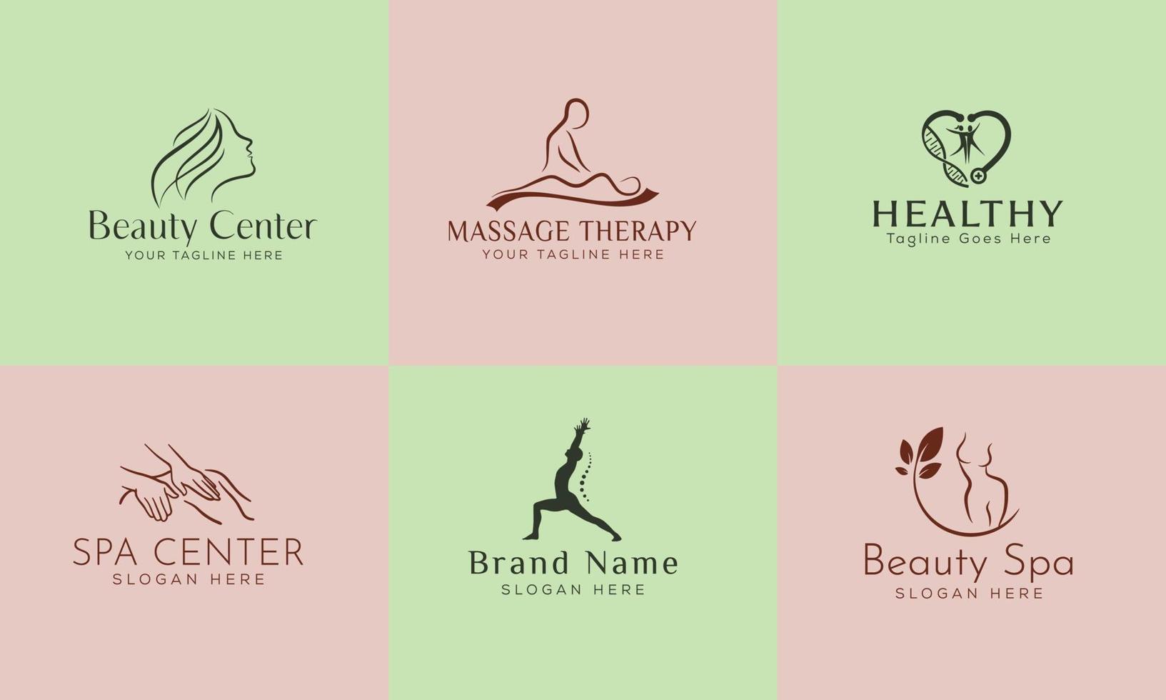 satz von handgezeichnetem logo des spa-elements mit körper und blättern. logo für spa- und schönheitssalon, boutique, massagetherapie, bioladen, entspannung, frauenkörper, yoga, kosmetikgeschäft. kostenloser Vektor