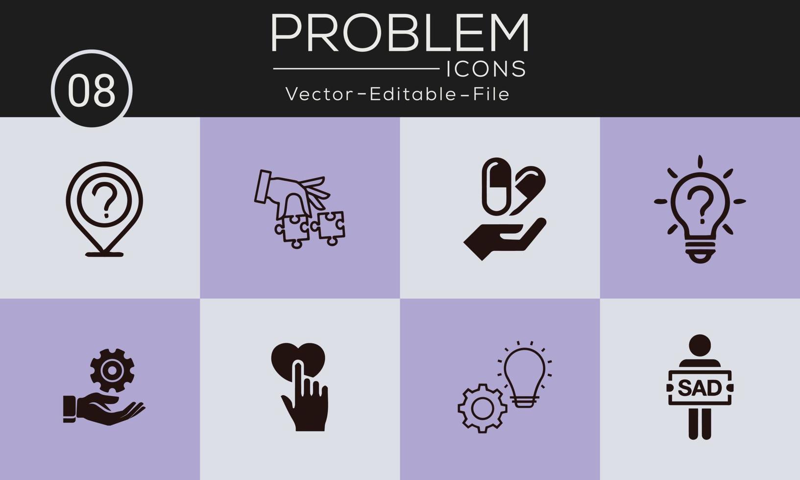 Symbole für das Problemkonzept festgelegt. enthält solche Symbole Problemlösung, Depression, Analyse, Lösung und mehr, kann für Web und Apps verwendet werden. kostenloser Vektor verfügbar.