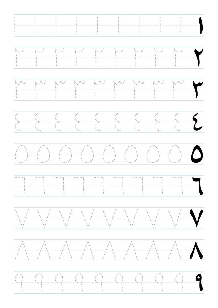 Arbeitsblatt zum Schreiben der arabischen Zahlen 1 bis 9 für Kinder mit Suchanleitung vektor