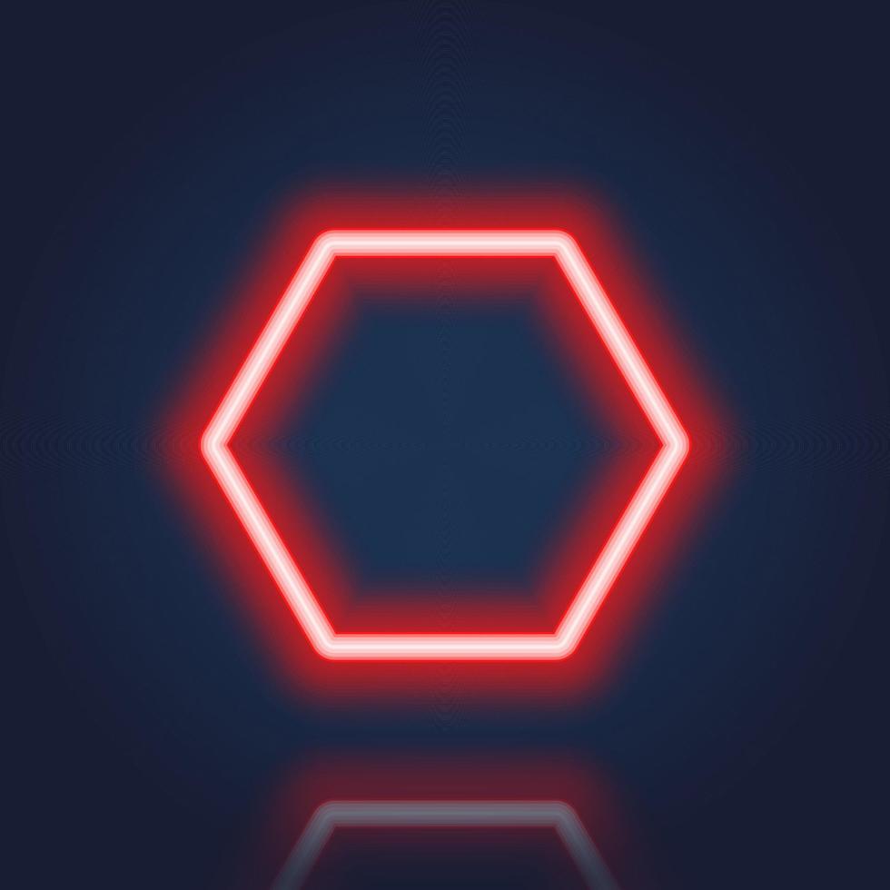 röd realistisk hexagon neon banner med reflektionseffekt. neon ram med glödande kant på mörk bakgrund. elektriskt ljus sexkant. isolerade vektor illustration.