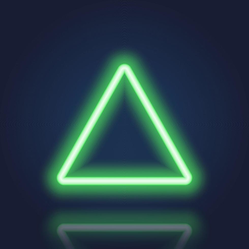 realistisk triangel neon banner med glödande kant på mörk bakgrund. grön neonram med reflektionseffekt. elektrisk ljus triangel. isolerade vektor illustration.