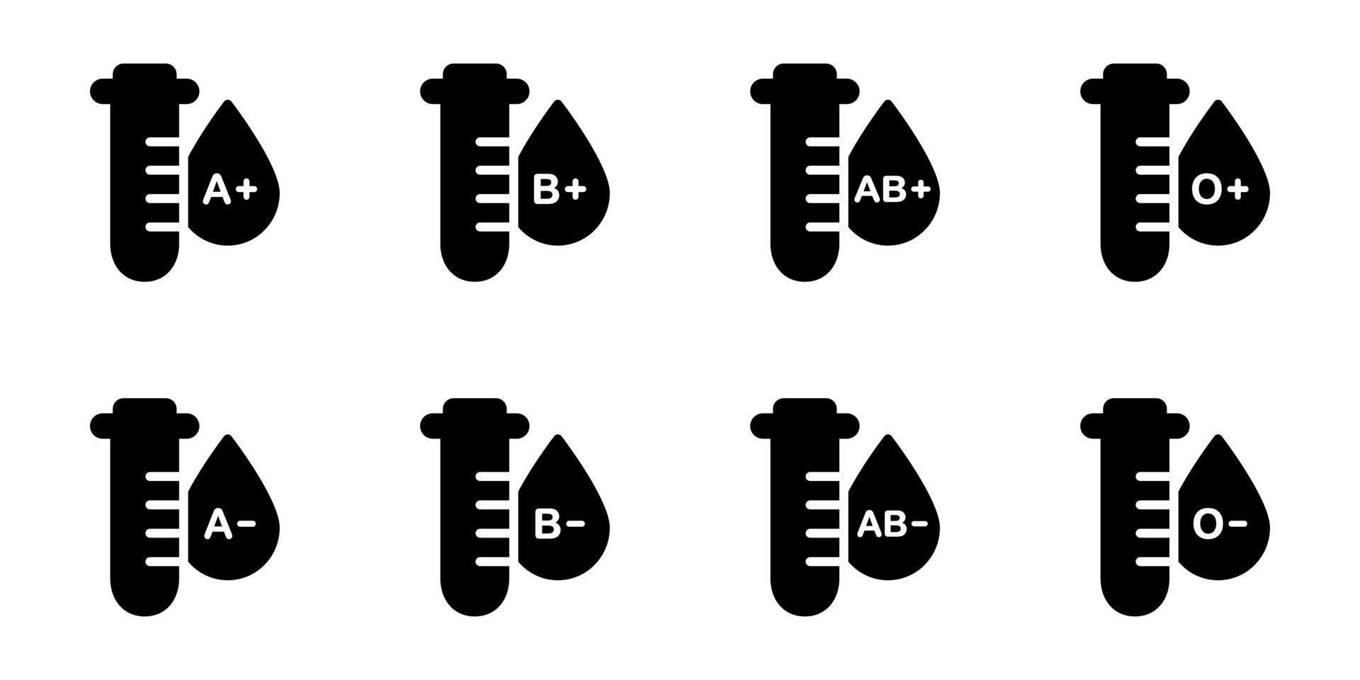 Blutgruppe im Reagenzglas schwarze Silhouette Symbol. positive und negative o, a, b, ab Arten von Blutzeichen gesetzt. Probe des Blutgruppensymbols. Sammlung von Plasmatropfen. isolierte Vektorillustration. vektor