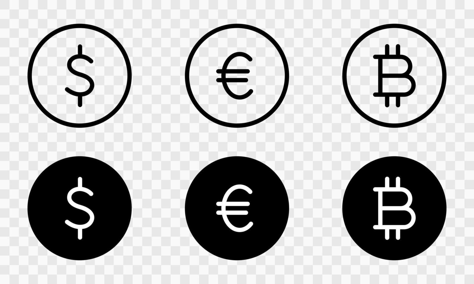 världens valuta linje och siluett ikonuppsättning på transparent bakgrund. euro, usd dollar, bitcoin myntikon. pengar symboler och kryptovaluta tecken. isolerade vektor illustration.