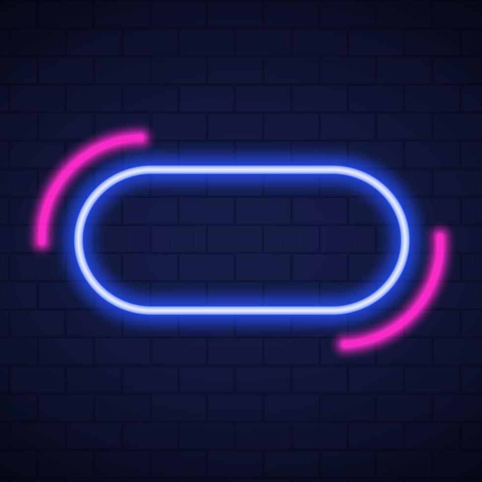 Nachtclub-Leuchtreklame. rahmen mit neon-led-rand auf dunklem backsteinmauerhintergrund. modell einer neonblauen und rosa lampe an der wand für party, café, club. isolierte Vektorillustration. vektor