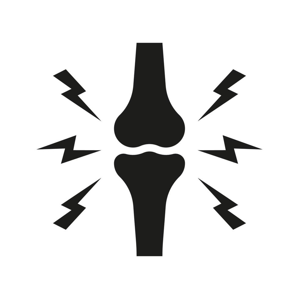 Knochenschmerzen, Verletzungen und Entzündungen. Silhouettensymbol für Kniegelenkschmerzen. Knie-, Hand-, Beinskelettschmerzen. Arthritis, Osteoporose und Knochengelenkerkrankungen schwarzes Symbol. isolierte Vektorillustration. vektor