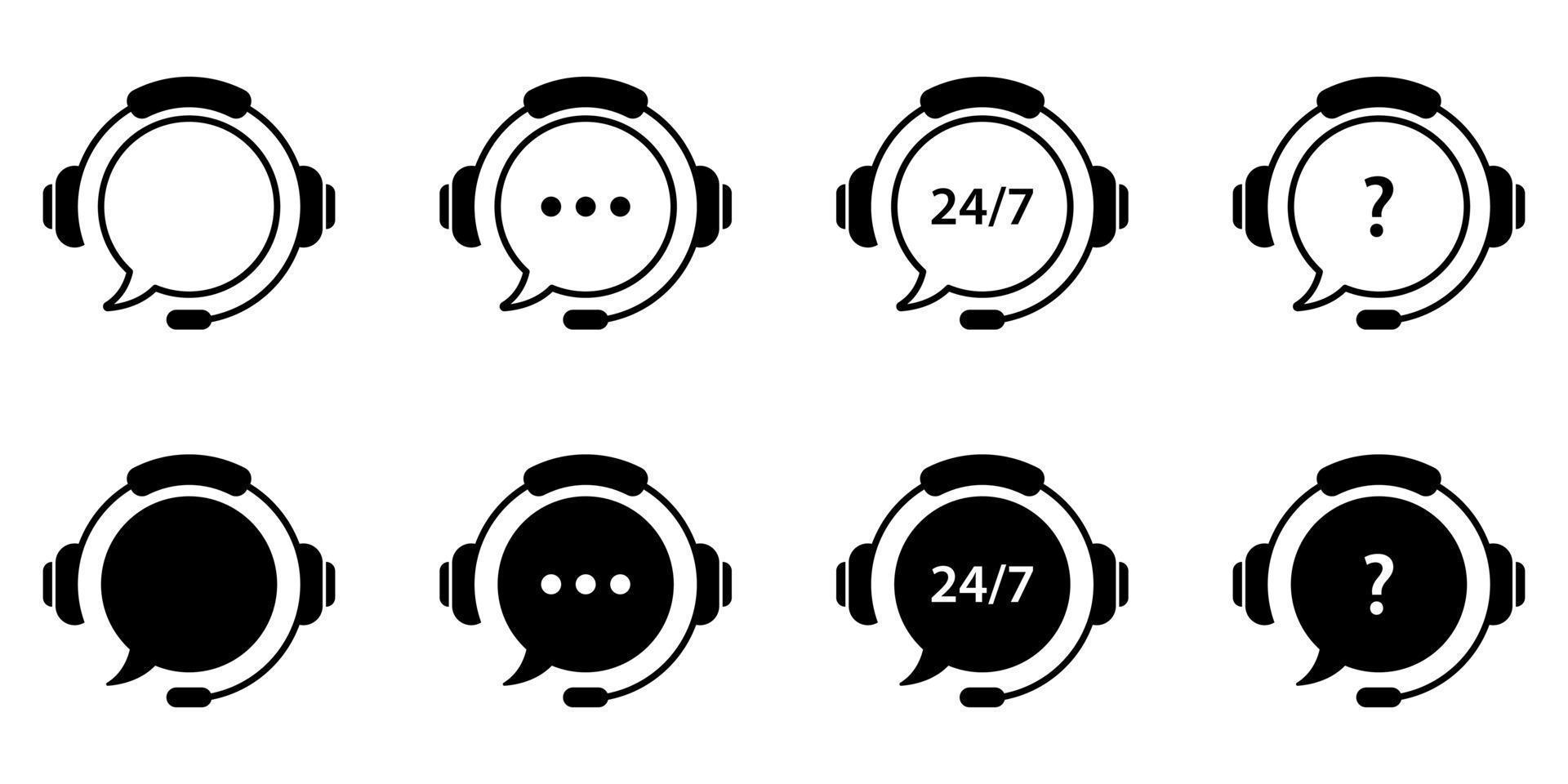 Kundendienstleitung und Silhouettensymbol. Hotline-Symbolsatz. Telefon rund um die Uhr und Online-Hilfe-Piktogramm. Headset-Symbol. isolierte Vektorillustration. vektor