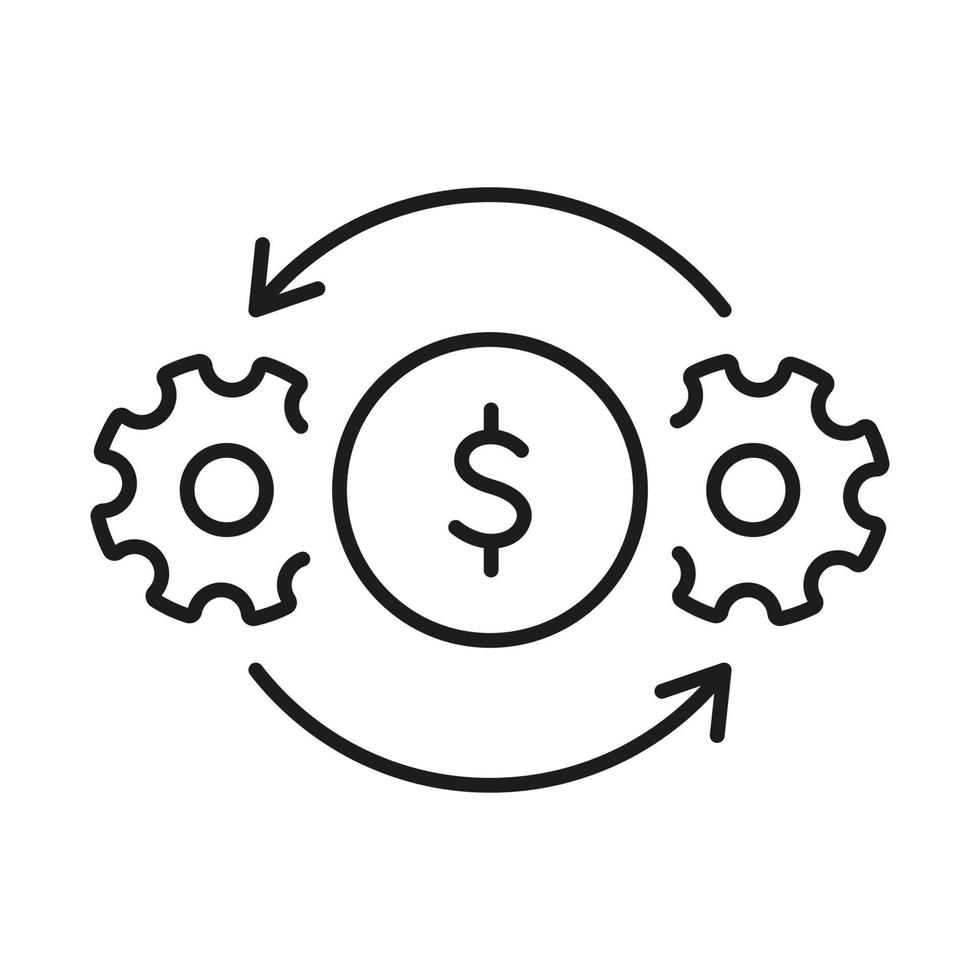 kostnadseffektiv linjeikon. kugghjul, kugghjul och dollarsymbol. ikon för effektivitet och optimering. drift och produktion av att tjäna pengar koncept. vektor illustration.